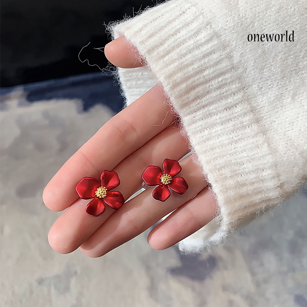 OW# 1 Pair Women Sweet Red Flower Shape Four Petals Ear Stud Earring Jewelry Accessory