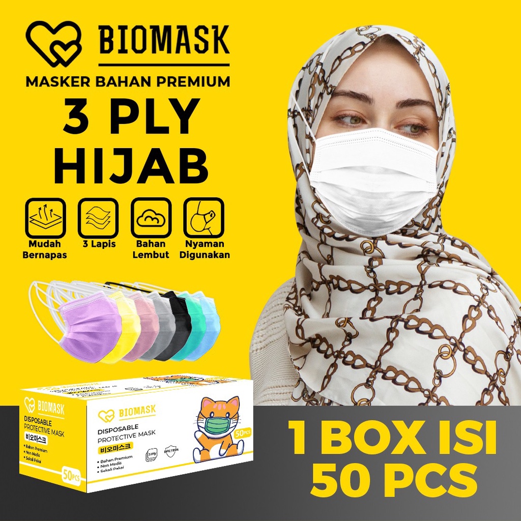 BIOMASK - Masker Hijab 3ply 1 Box isi 50Pcs Headloop Premium Hitam Biru Putih Pink Hijau Warna Warni