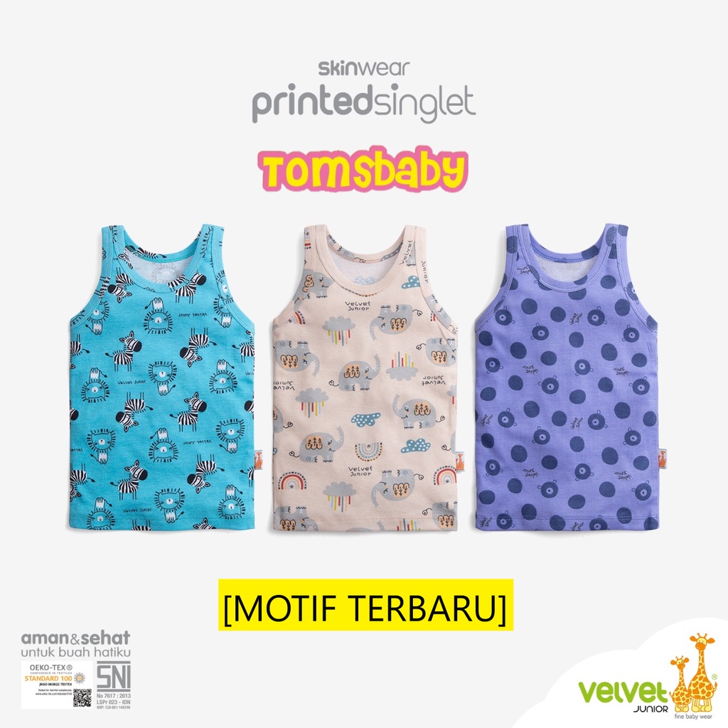 [TOMS] VELVET JUNIOR (3pcs) Kaos Dalam Anak/ Kaos Kutang Bayi / Singlet MOTIF Printed Singlet Velvet