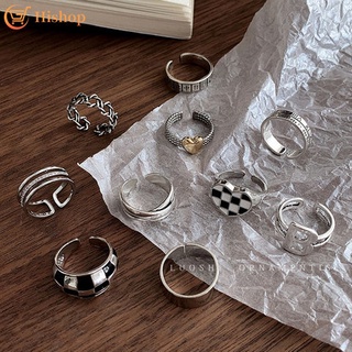 Image of Set Perhiasan Cincin Perak Motif Logo Papan Catur Aksen Permata Hitam Gaya Retro Untuk Wanita