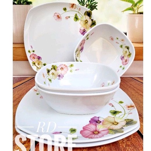 PROMO 4.PCS ISI / 2.PIRING KOTAK SAJI 2.MANGKOK KOTAK / MOTIF ROSE MELAMINE WARE TEBAL DAN KUAT