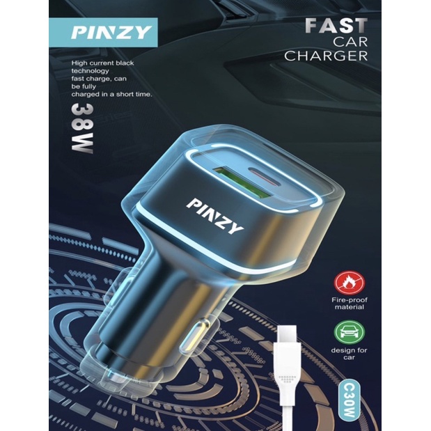 Saver Mobil PINZY C30W Fast Car CHARGER PD20W+ QC18 38W Kabel USB C - Charger mobil Type C