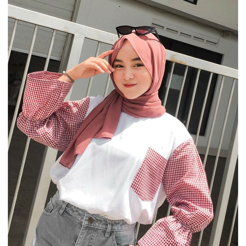 Kika Blouse Atasan Lengan Katun Kotak Fashion Muslim Wanita Pakaian Wanita Atasan Muslim