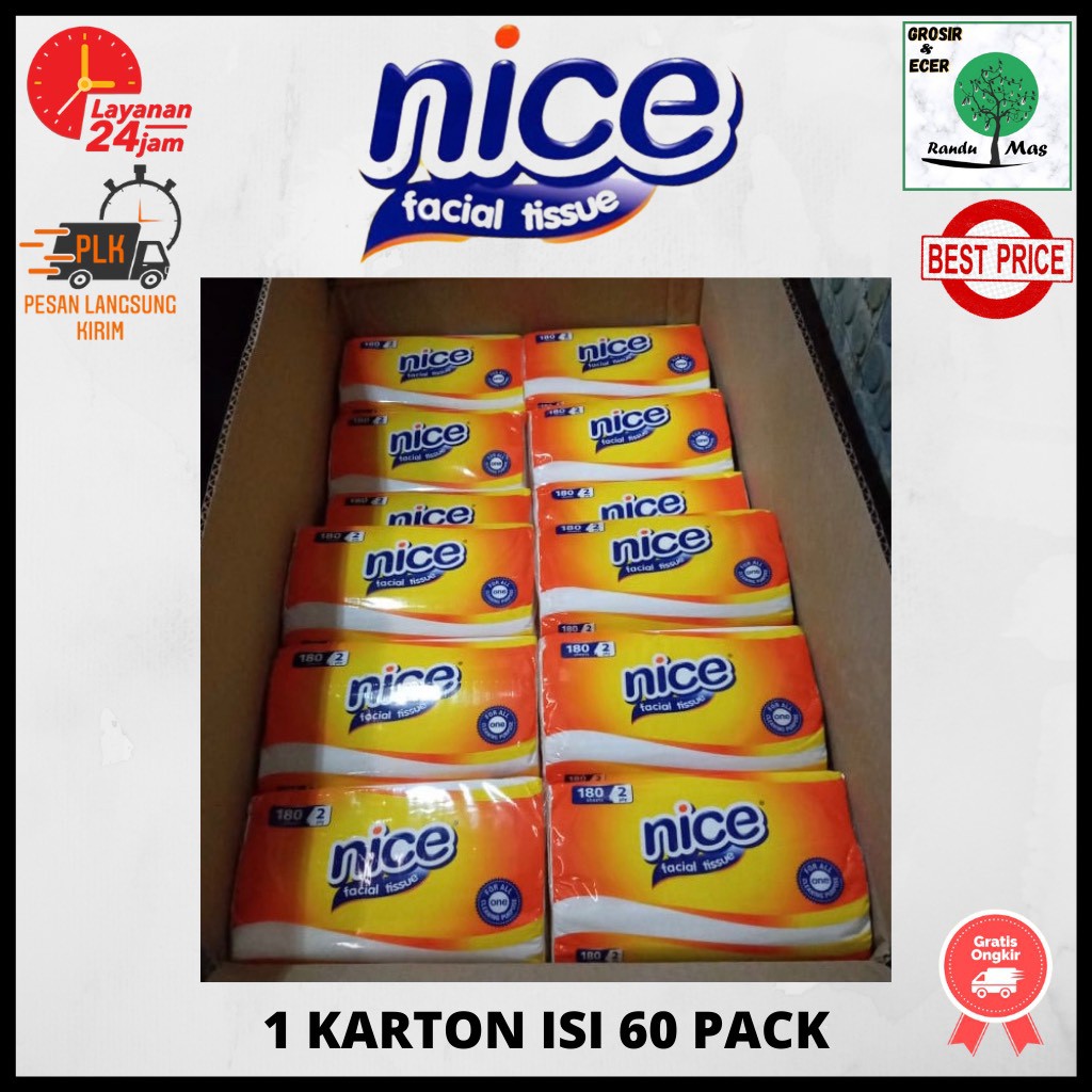 [1 Dus Tisu] Tissue Nice 180 Sheet 2 Ply Nice Facial Tisu Wajah Tissu Soft Pack 1 Karton Isi 60 Pack