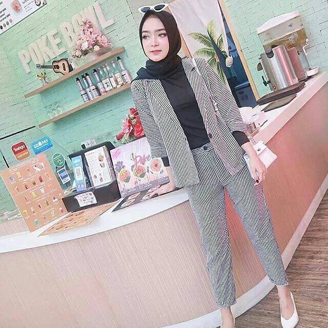 TARTAN SET (BLAZER + CELANA) BAHAN COTTON SEQUARE ALL SIZE FIT L ( TANPA INNER )