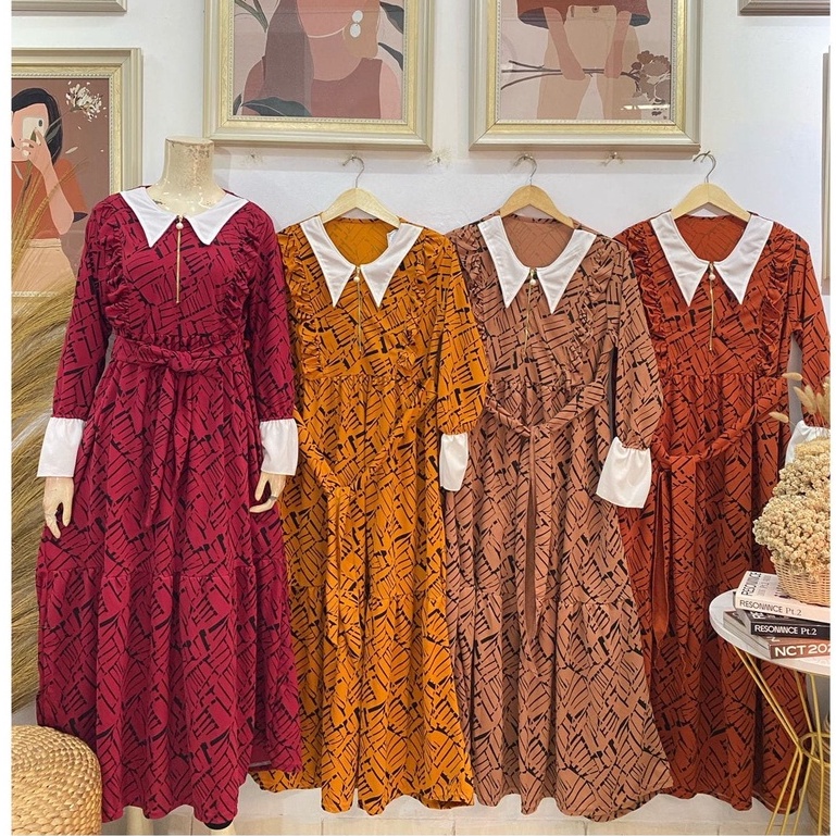 Gamis busui motif garis abstrak kerah kemeja tali pinggang bahan voxy premium merk latin
