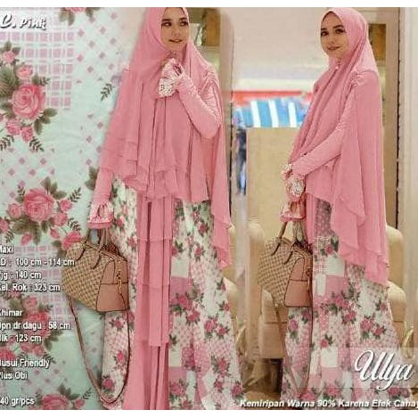 JUAL Ulya syari pink,gamis set motif bunga cantik,baju muslim wanita hijab FREE ONGKIR
