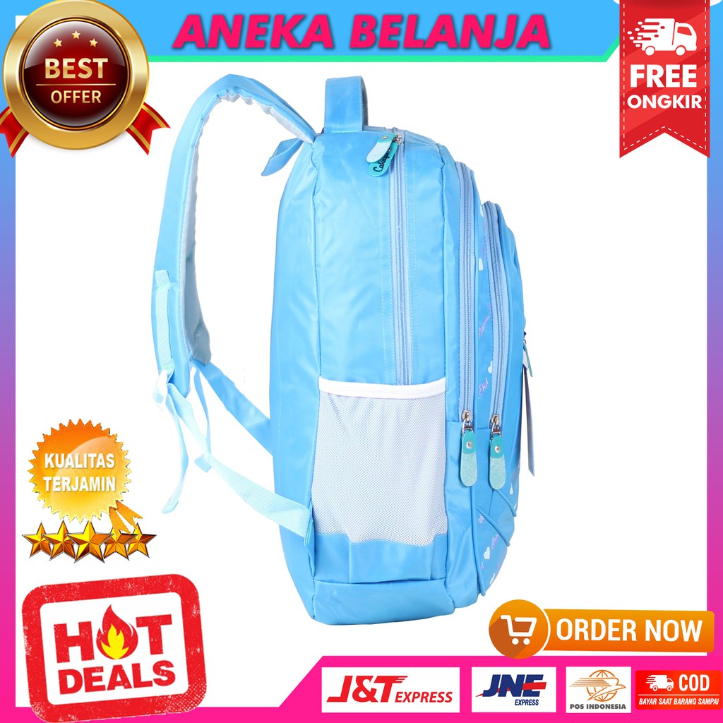 Tas Gendong Cahaya Princess Biru Cewek Ransel Sekolah SD SMP Free Raincover Berkualitas Tas Sekolah