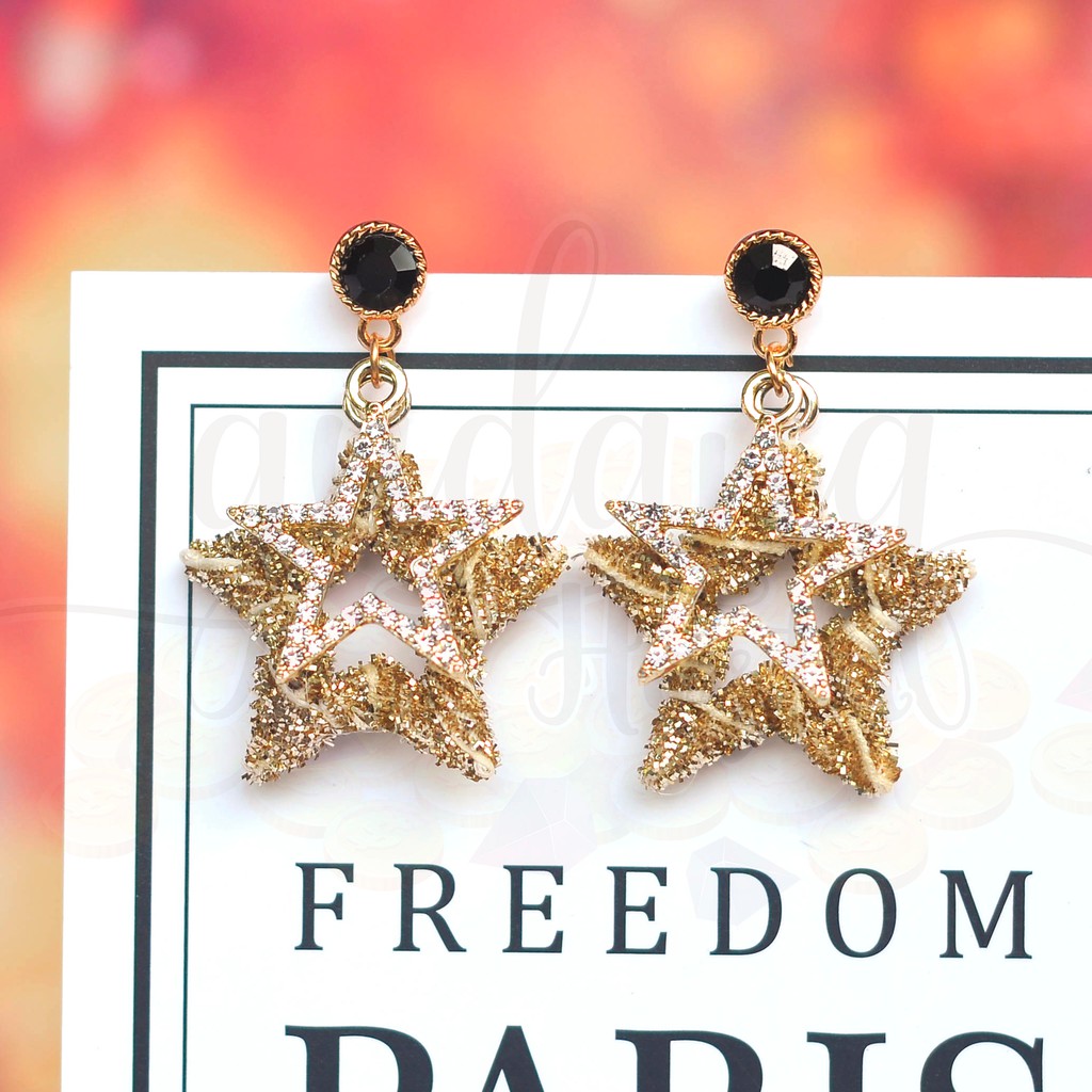 Anting Stud Rustic Shinny Gold Star Bintang Panjang Unik GH 203330