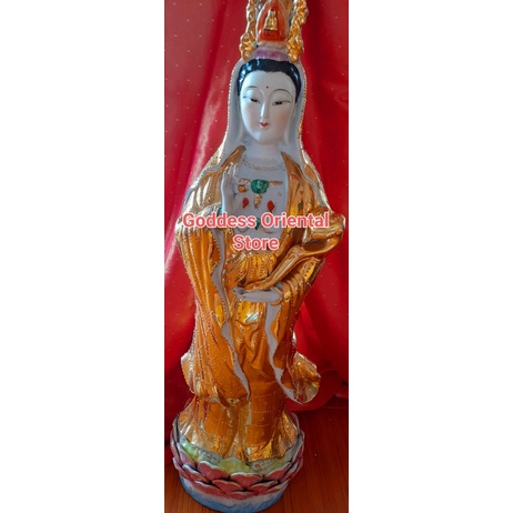 IMLEK SALE Patung Emas Dewi Kwan im 75 cm / Gold Guan yin keramik berdiri atas lotus membawa ruyi