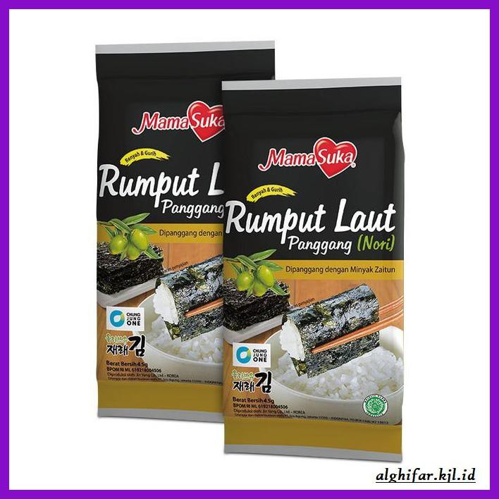 

Makanan-Kering- Mama Suka Rumput Laut Nori 2 Pack Harga Grosir 4,5 Gram Perpack -Aneka.