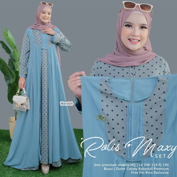 Rolis maxy set / Set Bahan Ceruty Babydoll (Set Outer + Iner dapat dipisah) Motif Polkadot / Gamis T