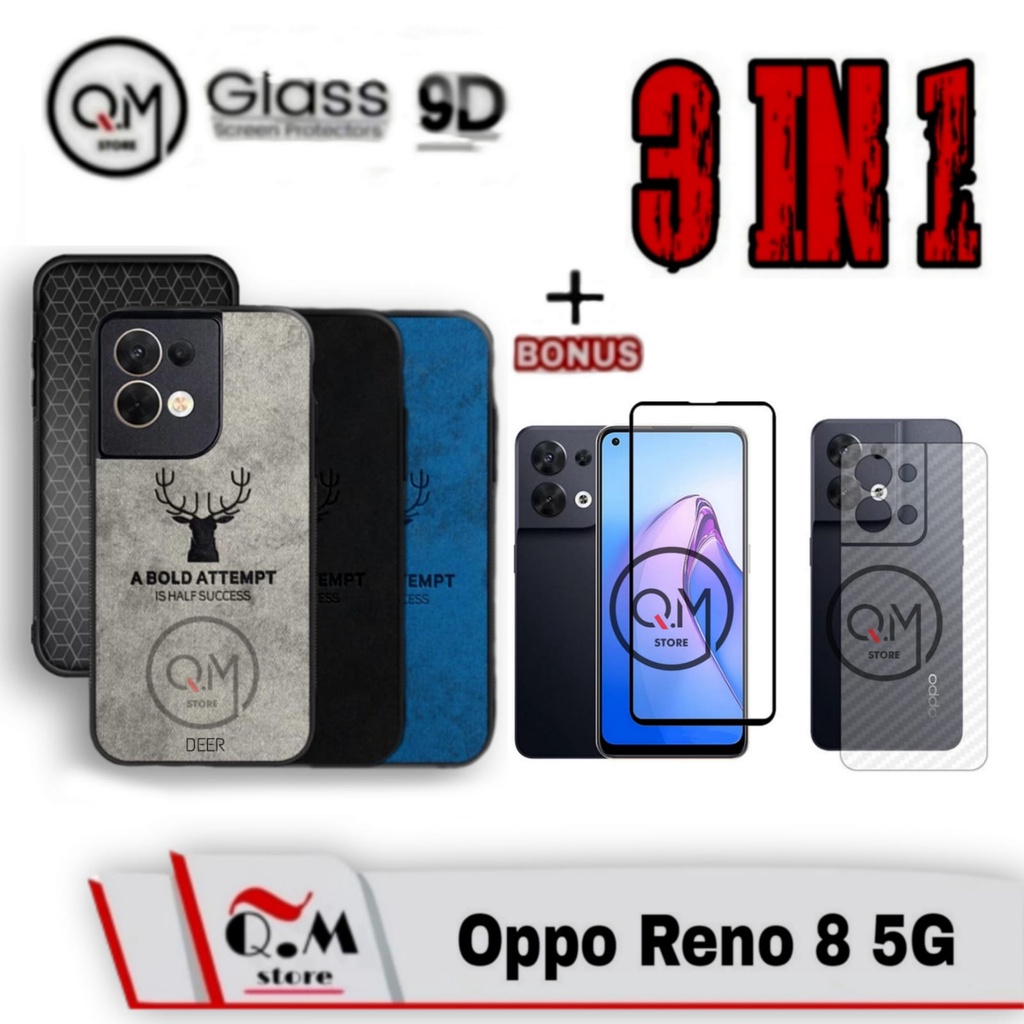 Paket 3 in1 Case Oppo Reno 8 5G Softcase Deer Pelindung Back Cover BONUS TEMPERED GLASS PLUS GARSKIN