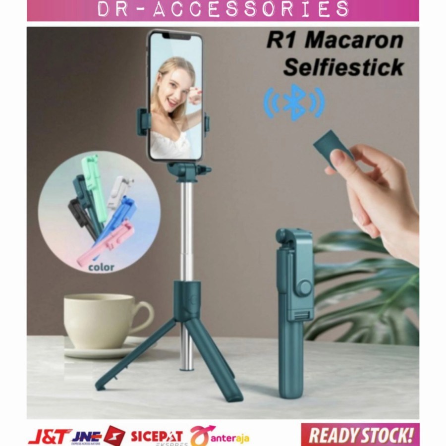 Trend-Tongsis Bluetooth Macaron R-1 Selfie Stick Remote Live Streaming R1