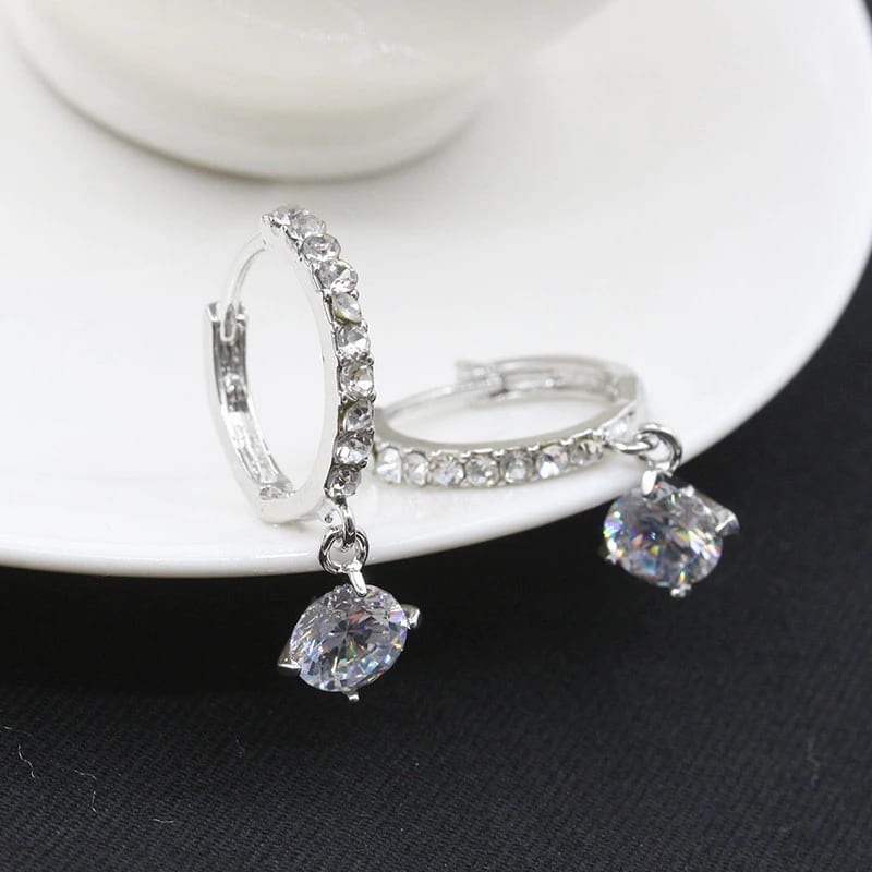 Anting Tusuk Silver Gantung Kristal Permata Solitare Elegan 1 Pasang ala Wanita Korea Dalika