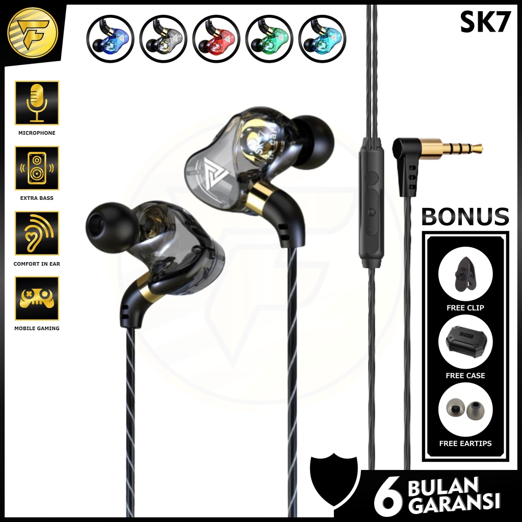 QKZ SK7 earphone Sport Dual Driver stereo bass music telfon headset mic original