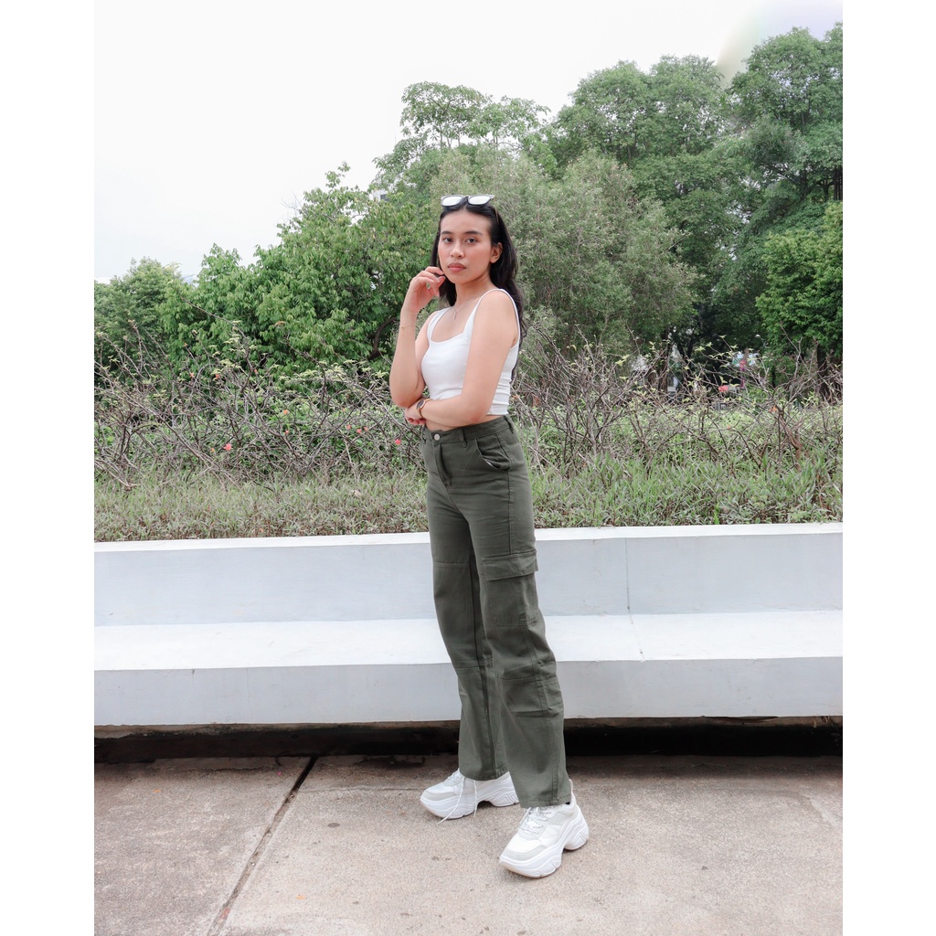 DEMORIN - Celana Panjang Cargo Jeans Highwaist Bawahan Wanita Korean Army - X5007