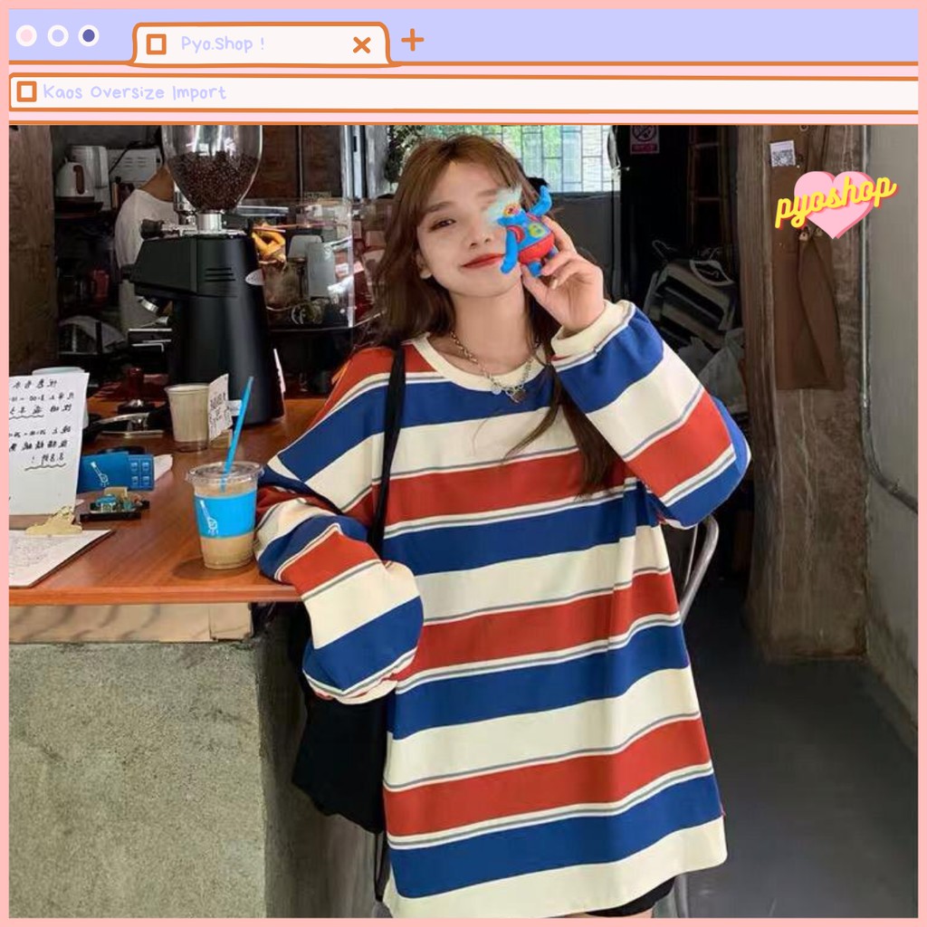 Oversize Tshirt Import Kaos Lengan Panjang Salur