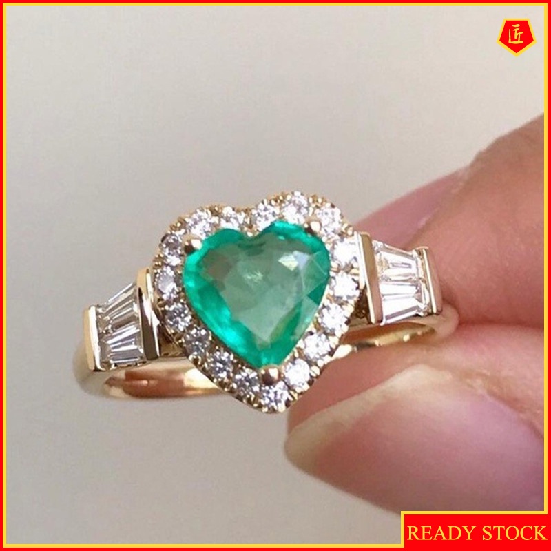 [Ready Stock]Simple Fashion Heart-Shaped Emerald Ring Female 18K Gold