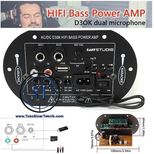 Kit Power Amplifier Board D30K Double 2 Mic Bluetooth FM Radio Player AC/DC HIFI Bass Power AMP Support SD/TF USB 2 Microphone