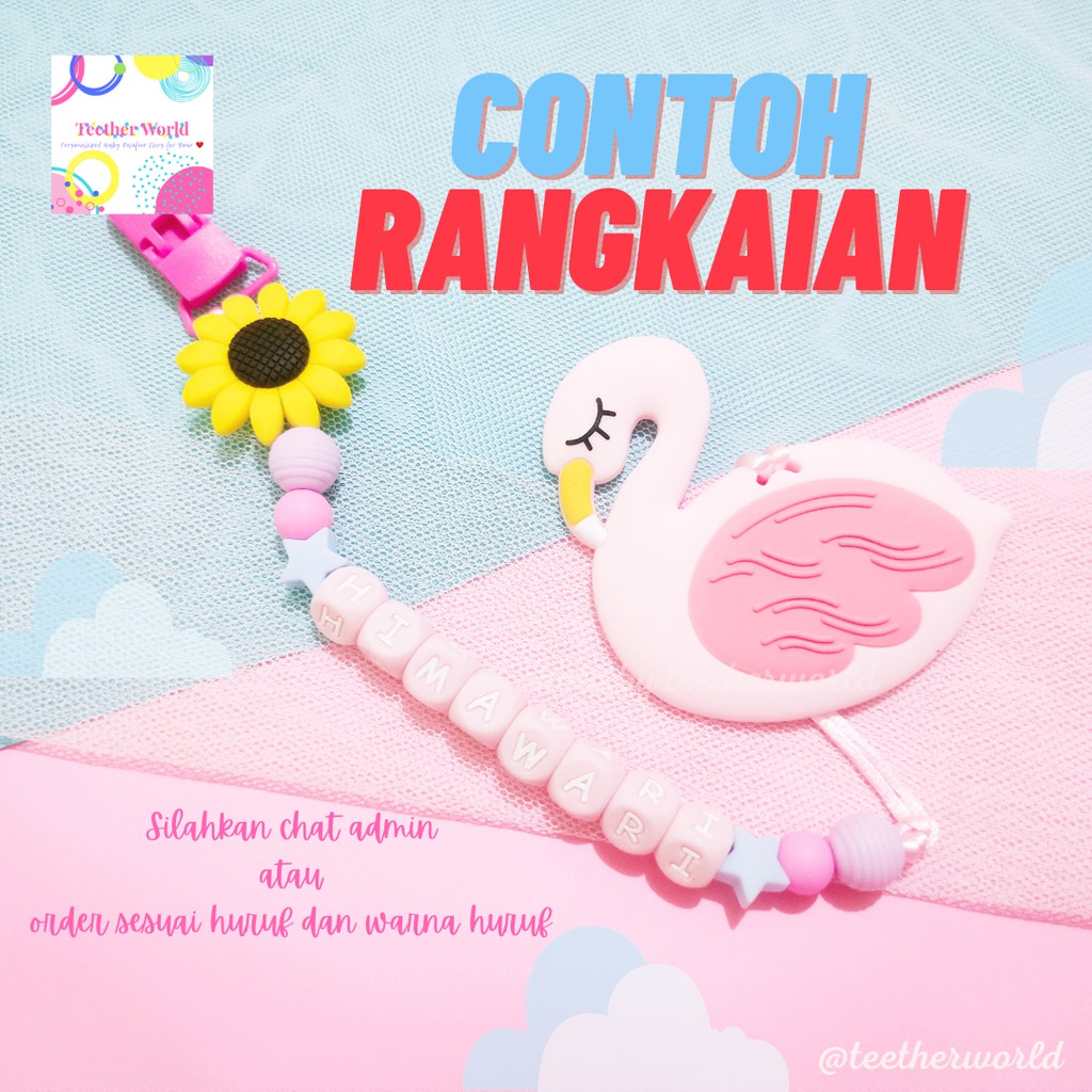 (FREE CASE) Set A Gigitan Bayi + Pacifier Clips / Tali Dot/ Tali Empeng/  Tali Custom Teetherworld-8 huruf