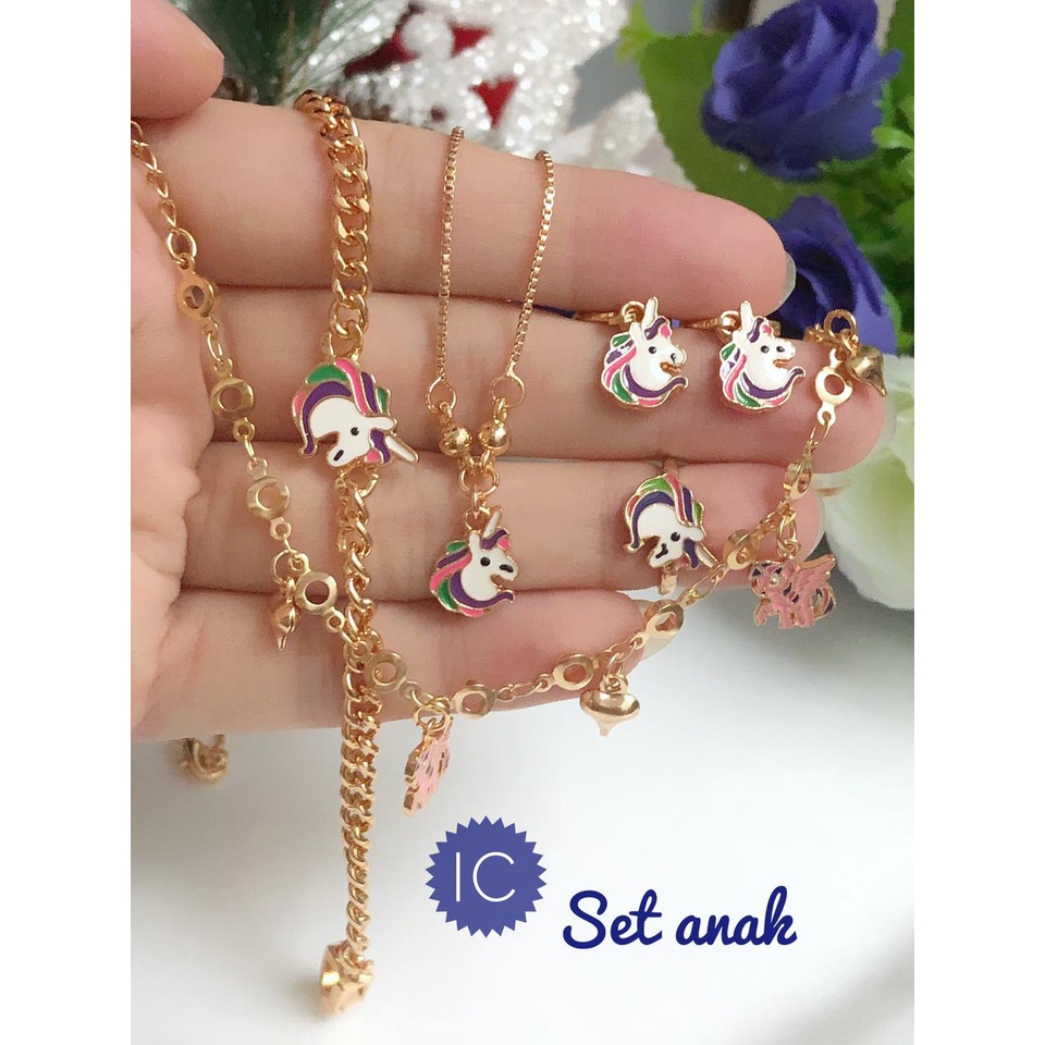 (NOV) Set Perhiasan Xuping ANAK Lapis Emas Gelang Tangan Kaki Cincin Kalung Anting Kuda Poni Pelangi