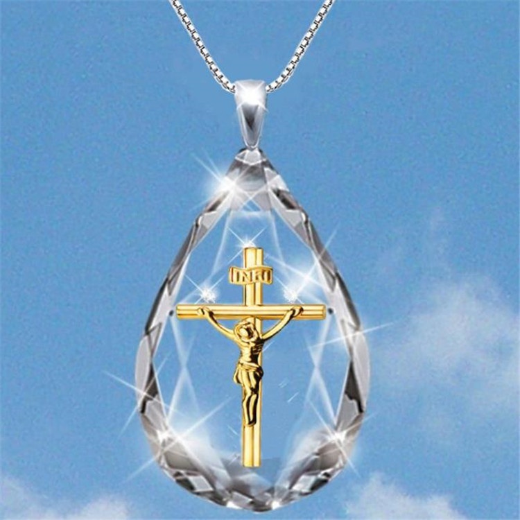 Kalung Liontin Salib Yesus Aksen Kristal Bahan Stainless Steel Untuk Pria Dan Wanita