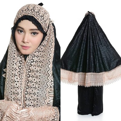 TJA - ORIGINAL - Mukena Dewasa BLACK SWAROVSKI - Mukena Hitam Sutra Prada Di Lengkapi RENDA MILO