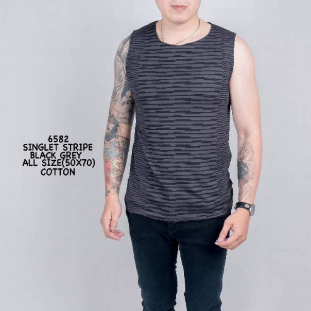 Kaos Singlet Hitam Abu Motif Stripe Salur / Kaos Pria / Baju Cowok |CDR