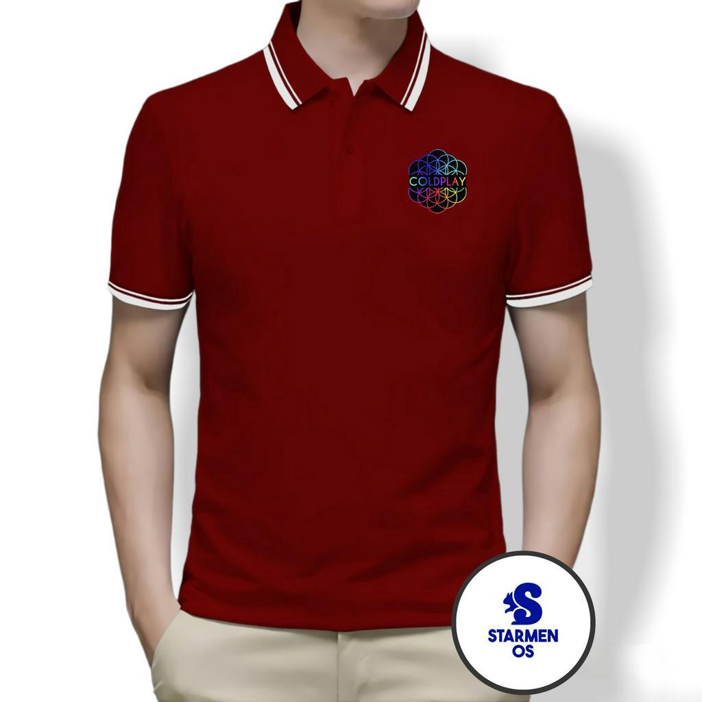 Kaos Polo Shirt Pria Kerah List Putih Logo COLDPLAY A