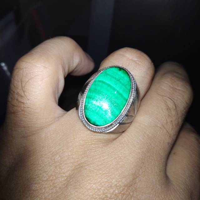 Cincin Perak Akik Natural Bulu Merak - Malachite - Nett BA 037
