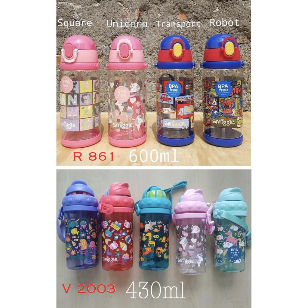 Botol Minum SMIGGLE Unicorn Pink / Biru Vehicle BPA FREE Tali dan Sedotan seri 861 2003 Frozen LOL