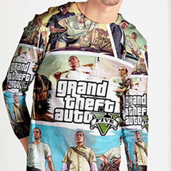 Fullprint Tshirt Grand Theft Auto GTA 5 Rockstar Video Games Kaos Tangan Panjang Bahan Polyester Jer