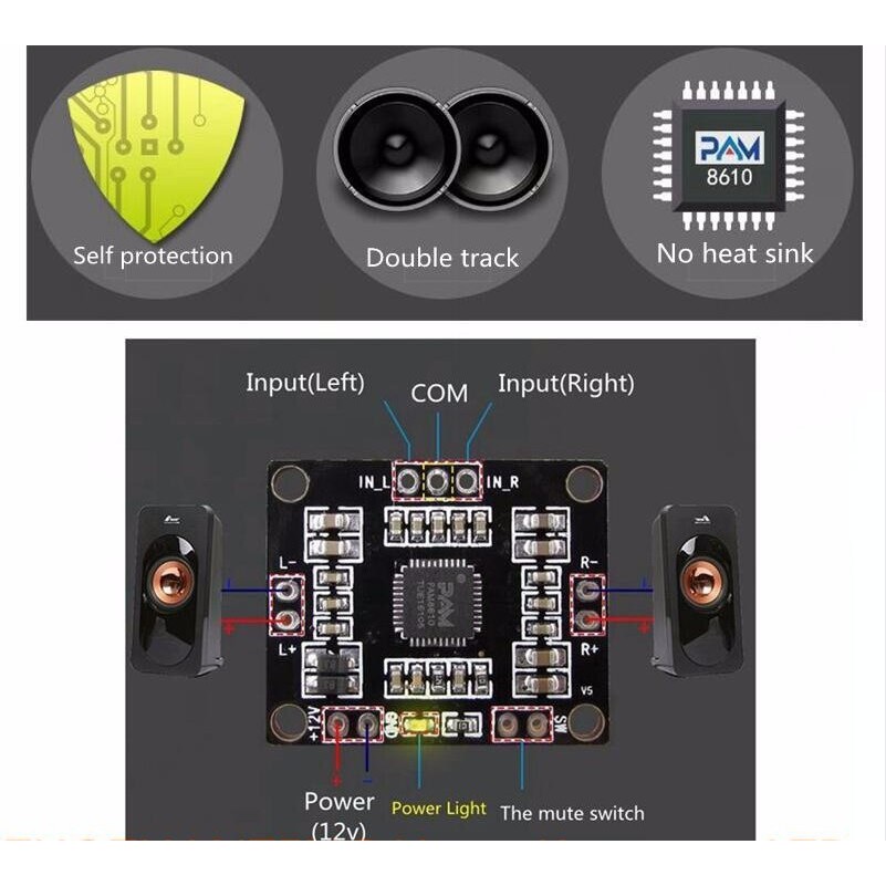 kit Ampli mini PAM 8610 stereo 2x15 watt CLASS D