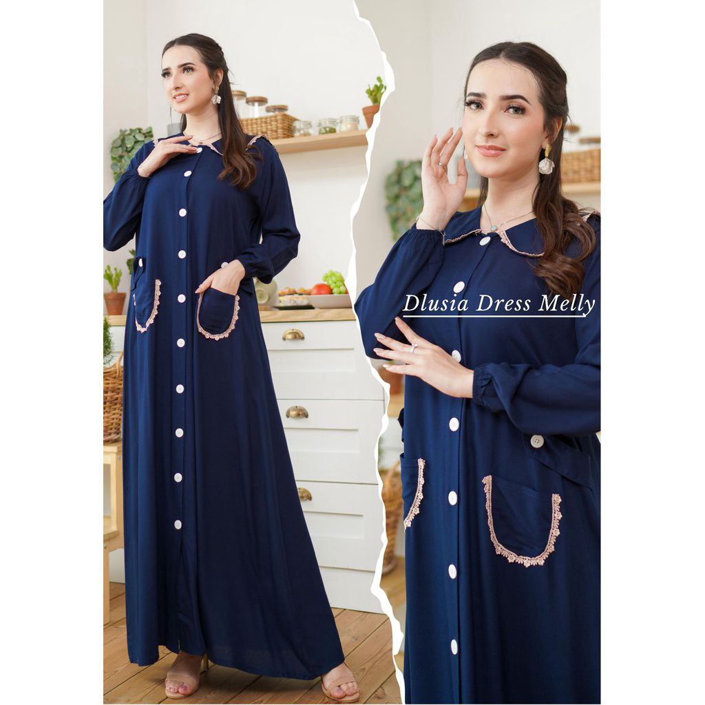 Gamis Terbaru Renda Dlusia Melly Rayon Premium Dress Wanita Kerah Peterpan Longdress Full Kancing LD 115 cm