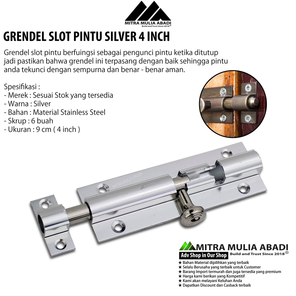 Grendel Alumunium Slot Pintu Jendela 4 Inch / 9 cm perak