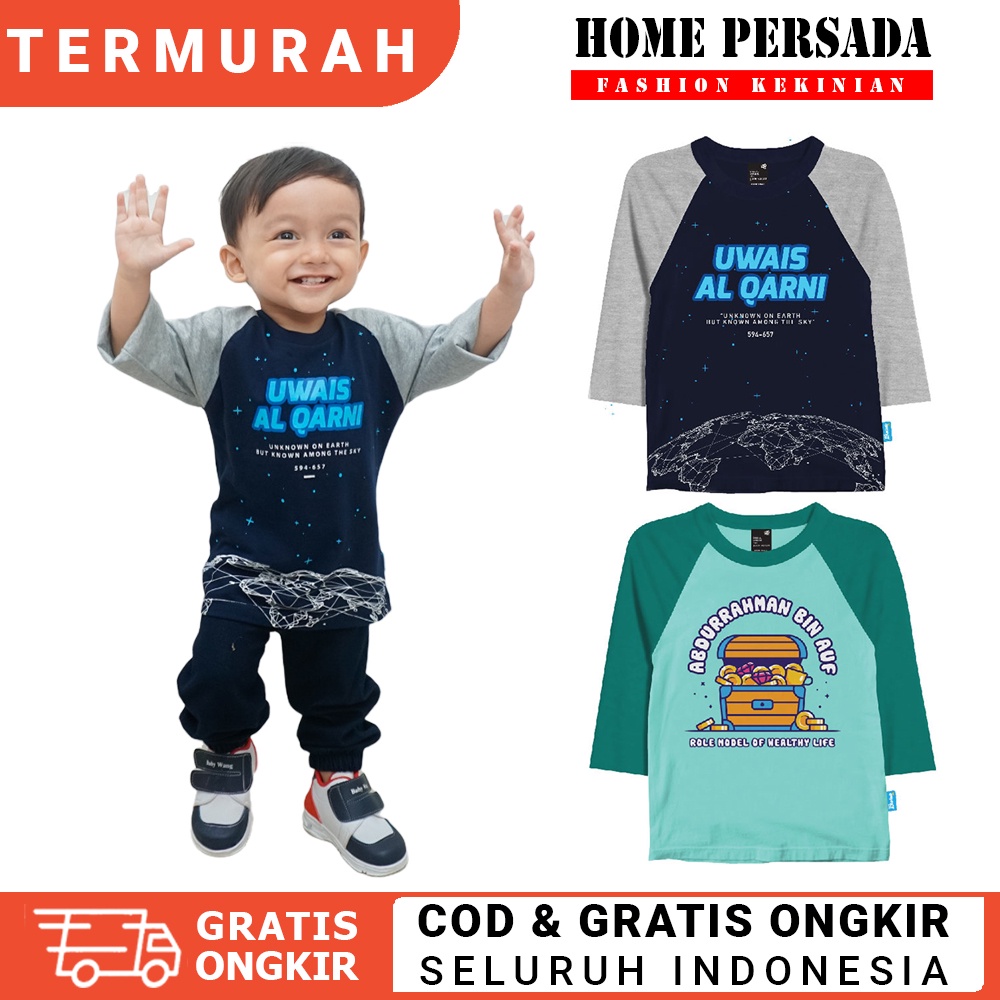 Baju Kaos Raglan Lengan 3/4 Islami Anak Laki Laki Cowok Umur Usia 1 2 3 4 5 6 7 8 9 10 11 12 Tahun