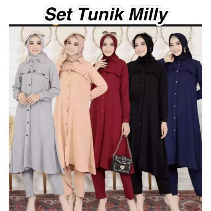 One Seet Tunik Milly Jumbo Crinkel || New One set Payamas Wanita Set Wanita Kekinian Pakaian Wanita 