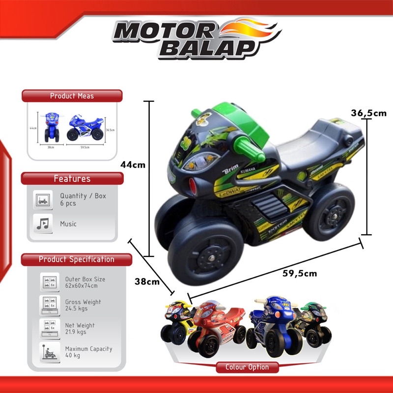 PROMO MKT MRB Motor Balap Mainan Motor Balap Dorong Sepeda Anak Roda Tiga