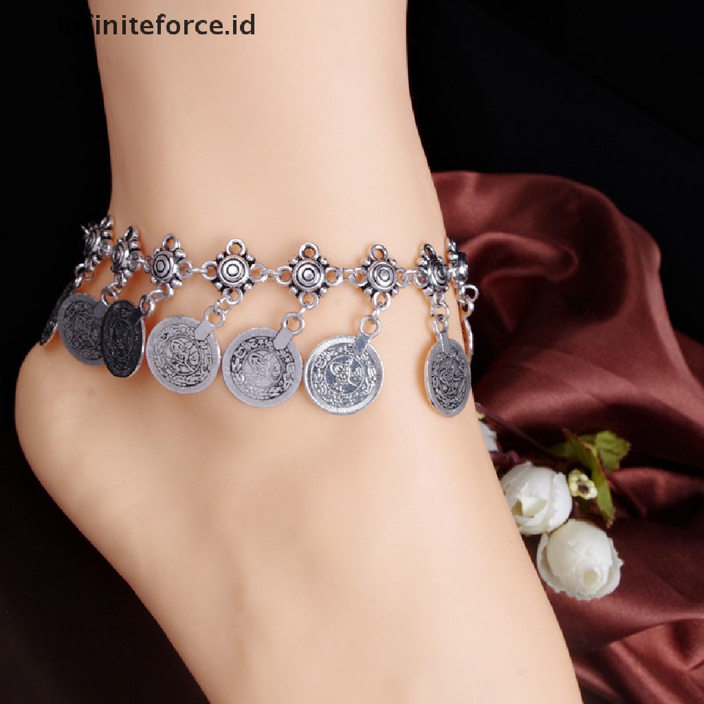 Infiniteforce.id Gelang Kaki Rantai Silver Wanita Desain Koin Antik Boho Gypsy