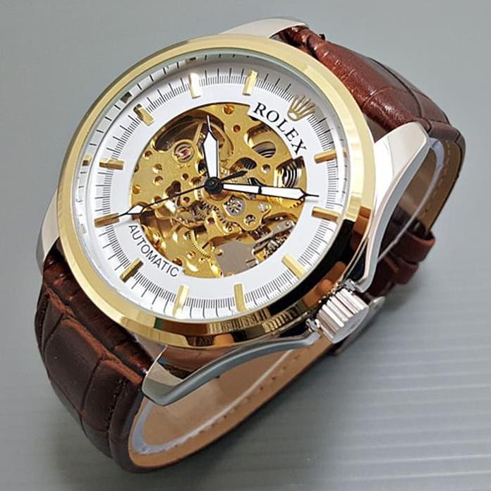 Cuci Gudang Jam Tangan Pria Rolex Skeleton Big Size Ethnic Leather Kombi White