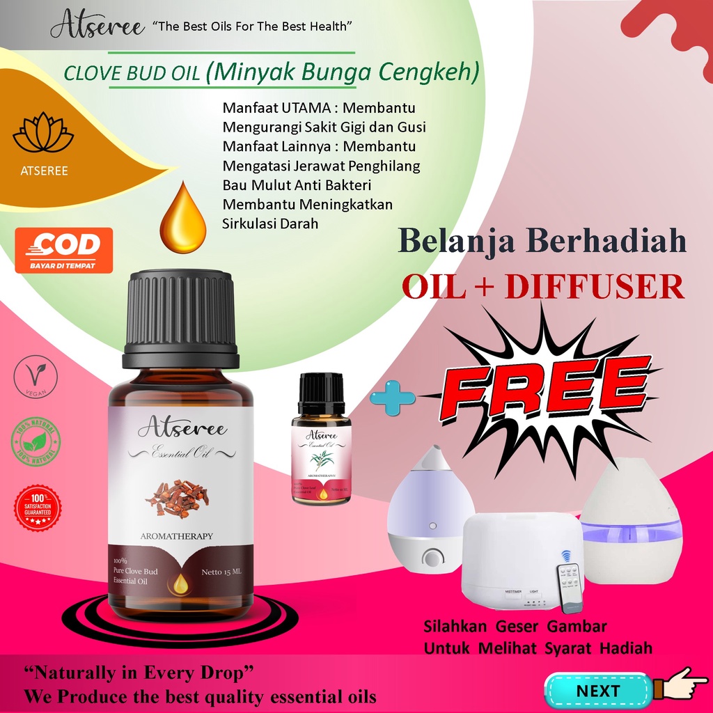 Atseree Essential Oil CLOVE BUD Minyak Essensial BUNGA CENGKEH  5 ml, 10 ml, 30 ml, 100 ml 500 ml 1 