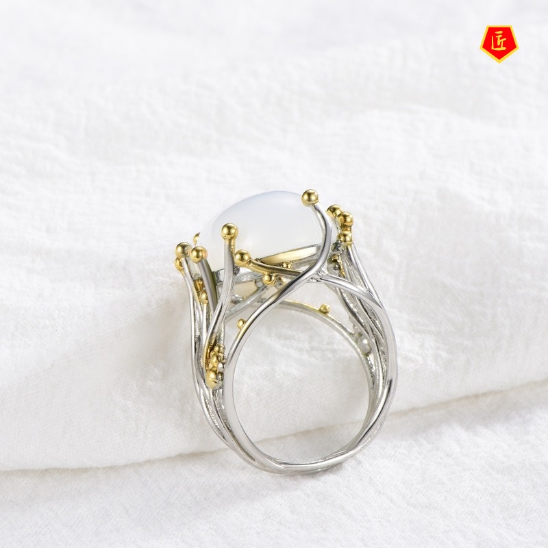 [Ready Stock]Fashion Personality Inlaid Moonstone Silver Ring Women