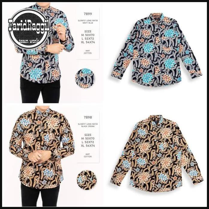 Kemeja Batik Pria Cowo Lengan Panjang Navy Biru Dongker Motif Gold