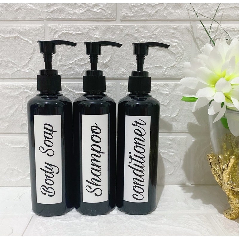 botol 250ml hitam stiker putih. aesthetic bottle minimalist refill organizer tempat sabun cair pump estetik