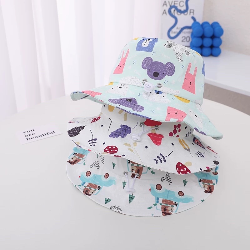 3 4 5 tahun Topi Bucket Anak Import Unisex Motif Pastel Tali Serut dan Tali Dagu