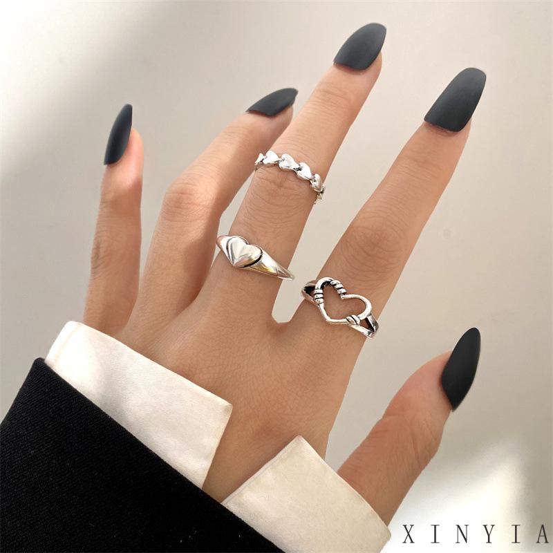 Xia.id 3PCS / Set Cincin Model Terbuka Bahan Metal Desain Hati Gaya Retro / Simple Kreatif Untuk Wanita