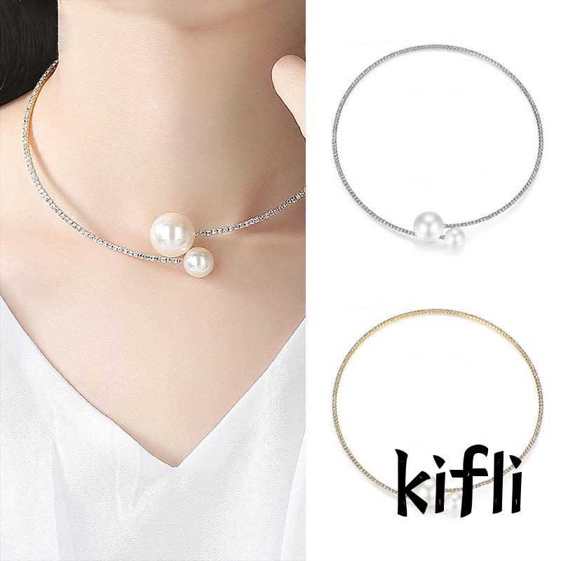 Kalung,Choker Lapis,Silver,Hias Mutiara Aksesoris Wanita