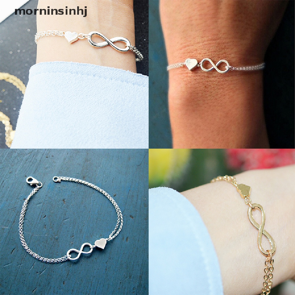 Mornin 1pc Gelang Tangan Rantai Silver Desain Angka 8hati Untuk Wanita