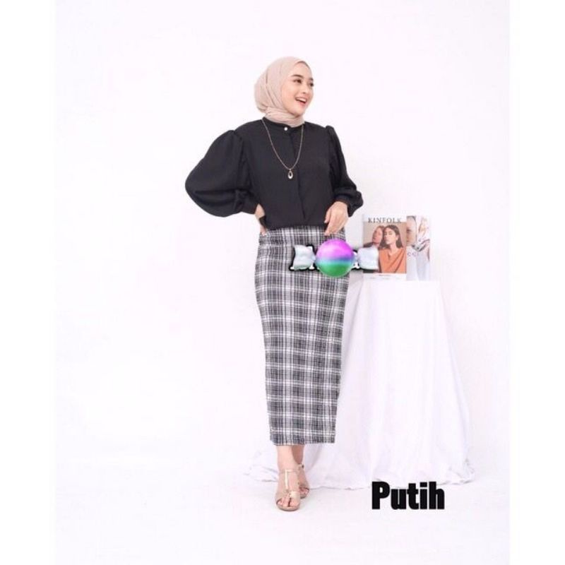 ROK KOREAN SPAN KOTAK/ROK SPAN TARTAN /ROK KOTAK PANJANG  /ROK TARTAN MURAH DAN TEBAL-Putih